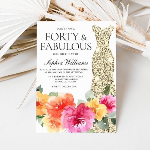 Botanical Floral Gold Dress 40th Birthday Party