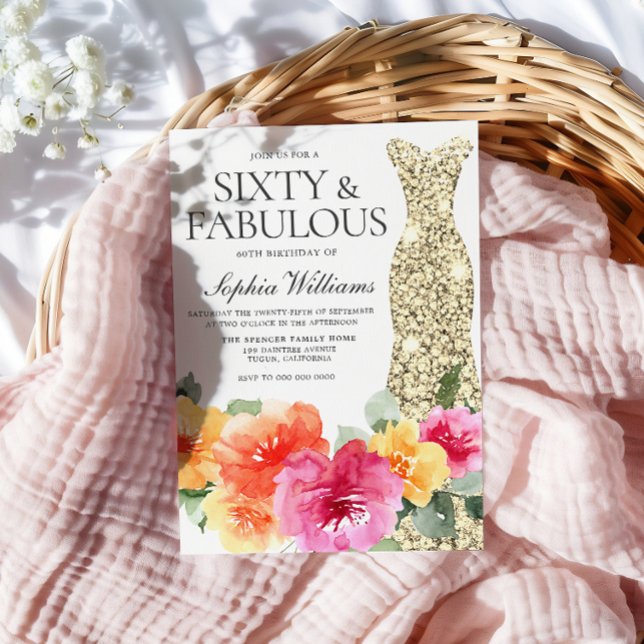 Botanical Floral Gold Dress 60th Birthday Party Invitation (Creator Uploaded)