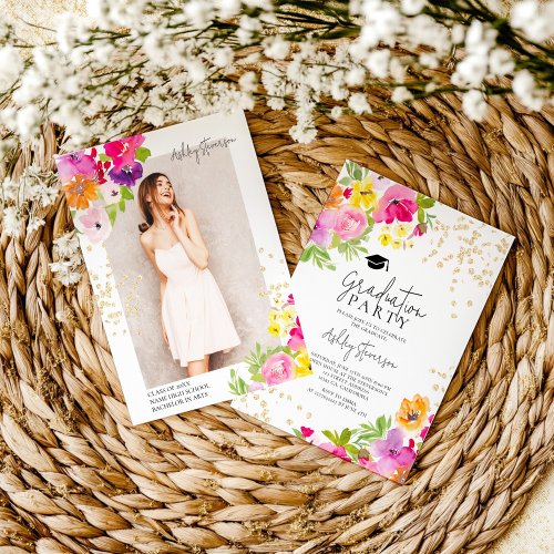 Botanical floral Gold glitter photo graduation