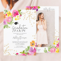 Botanical floral Gold glitter photo graduation