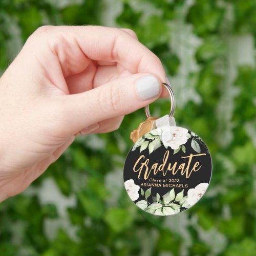 Botanical Floral Graduate Script Graduation Black Keychain