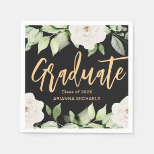 Botanical Floral Graduate Script Graduation Black Napkins