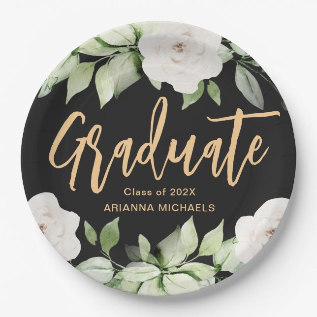 Botanical Floral Graduate Script Graduation Black Paper Plates (Front)