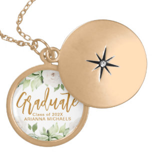 Botanical Floral Graduate Script Graduation Gold Plated Necklace