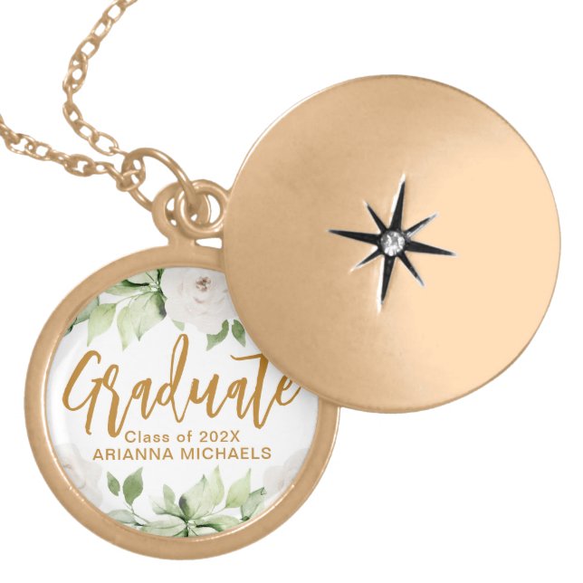 Botanical Floral Graduate Script Graduation Gold Plated Necklace (Front)