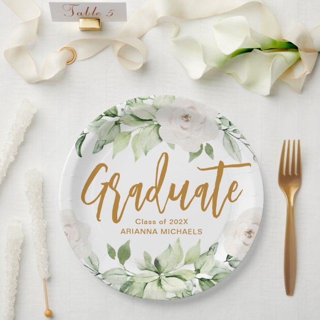Botanical Floral Graduate Script Graduation  Paper Plates (Wedding)