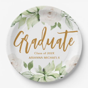 Botanical Floral Graduate Script Graduation White Paper Plates