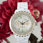 Botanical Floral Graduate Script Graduation White Watch<br><div class="desc">Beautiful pastel floral with watercolor greenery graduation gift watch includes pretty gold color script lettering and the graduate's name and class year on an elegant white background. Shop this store for coordinating 2023 graduation party items and additional color options!</div>