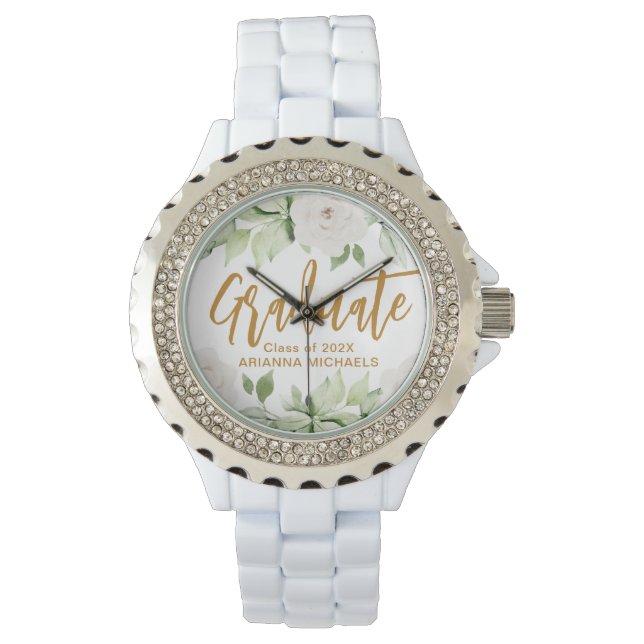 Botanical Floral Graduate Script Graduation White Watch (Front)
