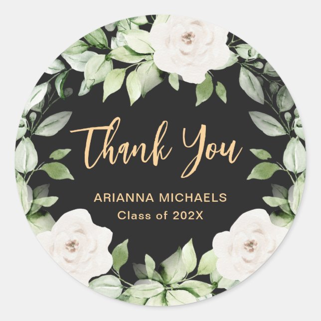 Botanical Floral Graduation Thank You Script Classic Round Sticker (Front)