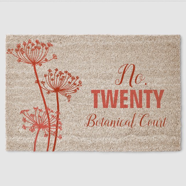 Botanical floral graphic red personalized address fiber doormat (Front)