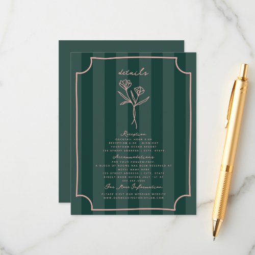 Botanical Floral Green Stripe Wedding Details Enclosure Card