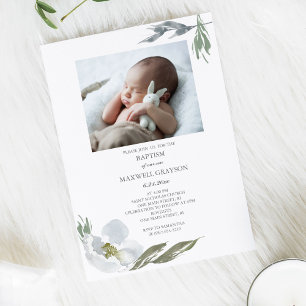Botanical Floral Greenery Boy Baptism Photo Invitation