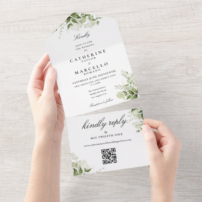 Botanical Floral Greenery QR Code Wedding All In One Invitation (Tearaway)