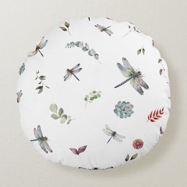 Botanical Floral Greenery Watercolor Pattern Round Pillow (Front)
