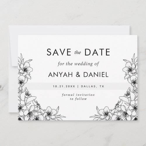 Botanical Floral Hand Drawn Line Art Black  White Save The Date