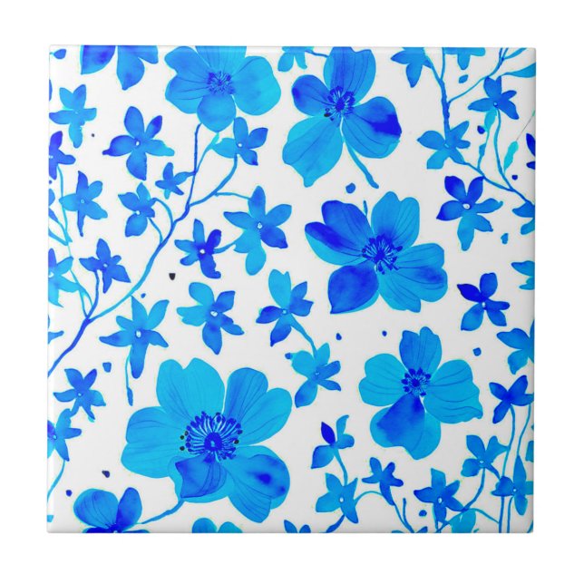 Botanical Floral in Deep Blue and White  Ceramic Tile (Front)