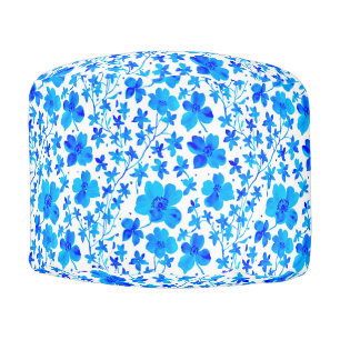 Botanical Floral in Deep Blue and White  Pouf