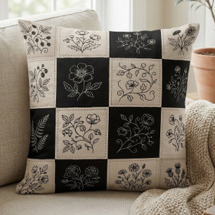 Botanical Floral Leather Look Patchwork Stitched Throw Pillow