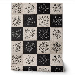 Botanical Floral Leather Look Patchwork Stitched Wallpaper