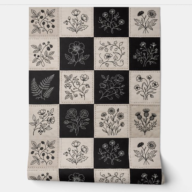 Botanical Floral Leather Look Patchwork Stitched Wallpaper (Unrolling)