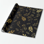 Botanical Floral Leaves Faux Gold Foil Black Wrapping Paper at Zazzle