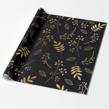Botanical Floral Leaves Faux Gold Foil Black Wrapping Paper by DifferentStudios at Zazzle