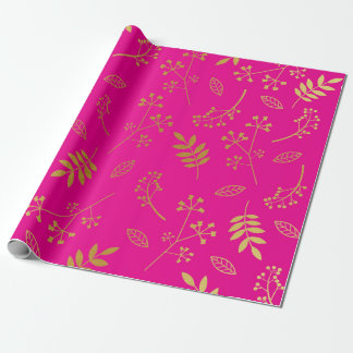 Botanical Floral Leaves Faux Gold Foil Hot Pink Wrapping Paper