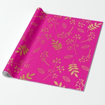 Botanical Floral Leaves Faux Gold Foil Hot Pink Wrapping Paper by DifferentStudios at Zazzle