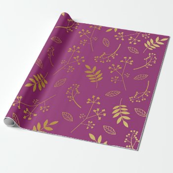 Botanical Floral Leaves Faux Gold Foil Purple Wrapping Paper by DifferentStudios at Zazzle