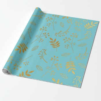 Botanical Floral Leaves Faux Gold Foil Sky Blue Wrapping Paper by DifferentStudios at Zazzle