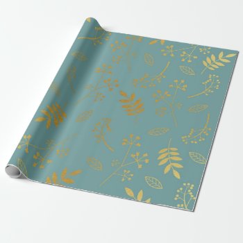 Botanical Floral Leaves Faux Gold Foil Slate Blue Wrapping Paper by DifferentStudios at Zazzle