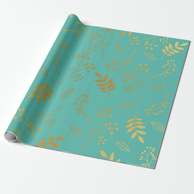 Botanical Floral Leaves Faux Gold Foil Teal Blue Wrapping Paper (Unrolled)