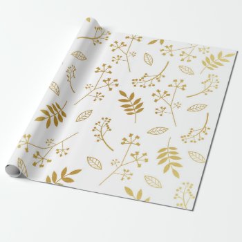 Botanical Floral Leaves Faux Gold Foil White Wrapping Paper by DifferentStudios at Zazzle