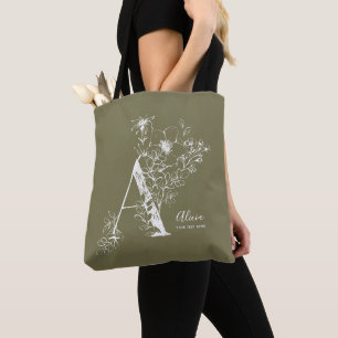 Botanical floral Letter A rustic monogrammed Tote Bag