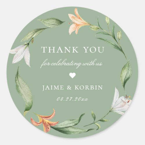 Botanical Floral Lily Wreath Sage Wedding Favor Classic Round Sticker