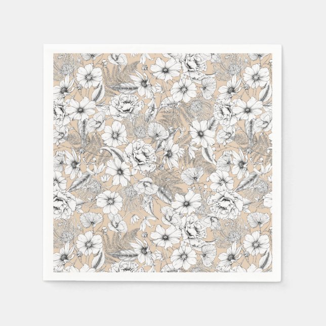 Botanical floral line drawing ferns tan beige  napkins (Front)