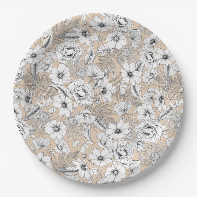 Botanical floral line drawing ferns tan beige paper plates (Front)
