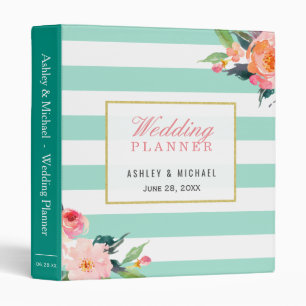 Botanical Floral Mint Green Stripe Wedding Planner Binder