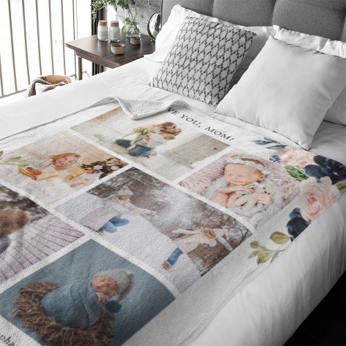Botanical Floral Mom Photo Collage Watercolor Sherpa Blanket