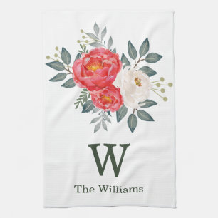 Botanical Floral Monogram / Red & White Flowers Kitchen Towel
