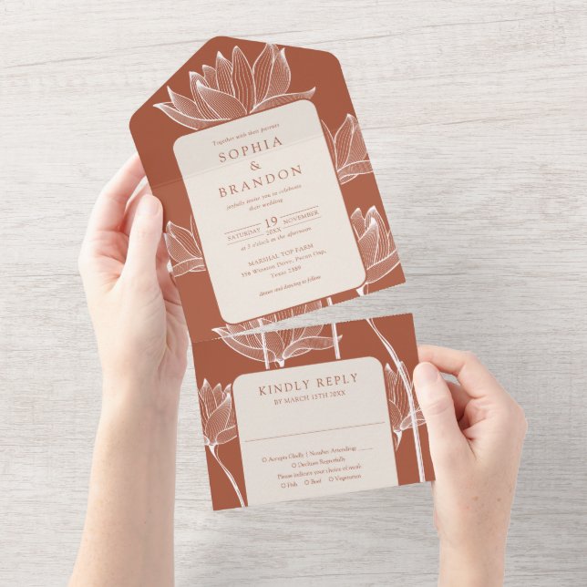 Botanical Floral Monogram Terracotta Wedding All In One Invitation (Tearaway)