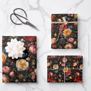 Botanical Floral Moody Baroque Antique Dutch Black Wrapping Paper Sheets