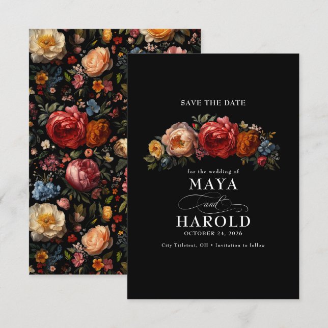 Botanical Floral Moody Black Chic Wedding Save The Date (Front/Back)