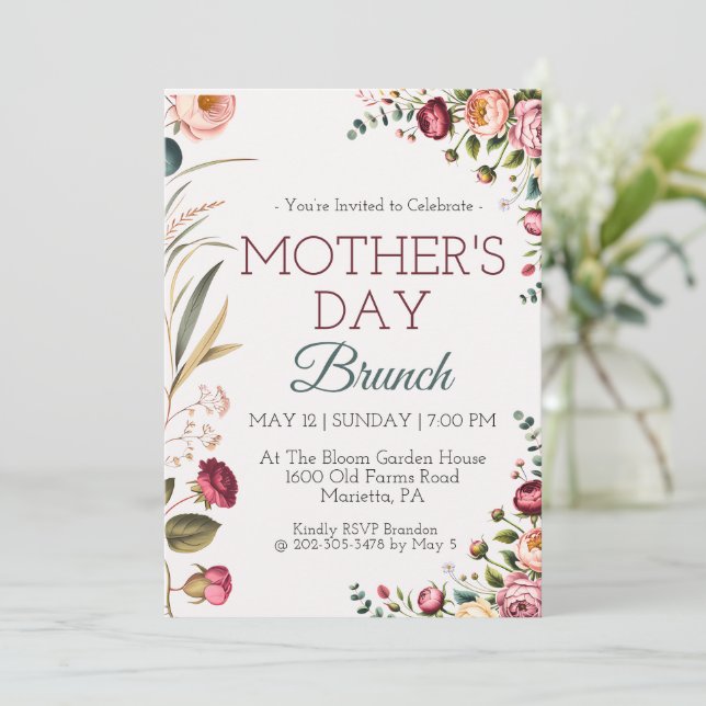 Botanical Floral Mothers Day Brunch Invitation (Standing Front)