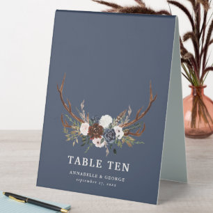 botanical floral navy burgundy antlers rustic table tent