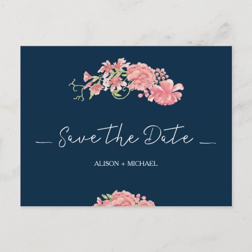 Botanical floral navy pink wedding save date announcement postcard