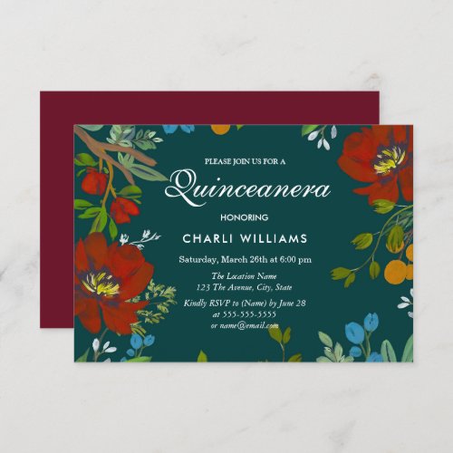 Botanical Floral Navy Quinceanera Party Invite