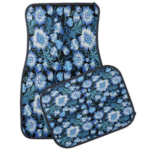 Botanical Floral Pattern Blue Car Floor Mat