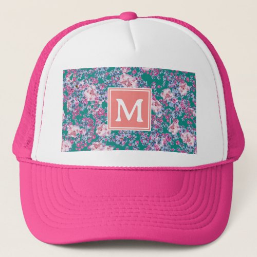 Botanical floral pattern pink monogram trucker hat